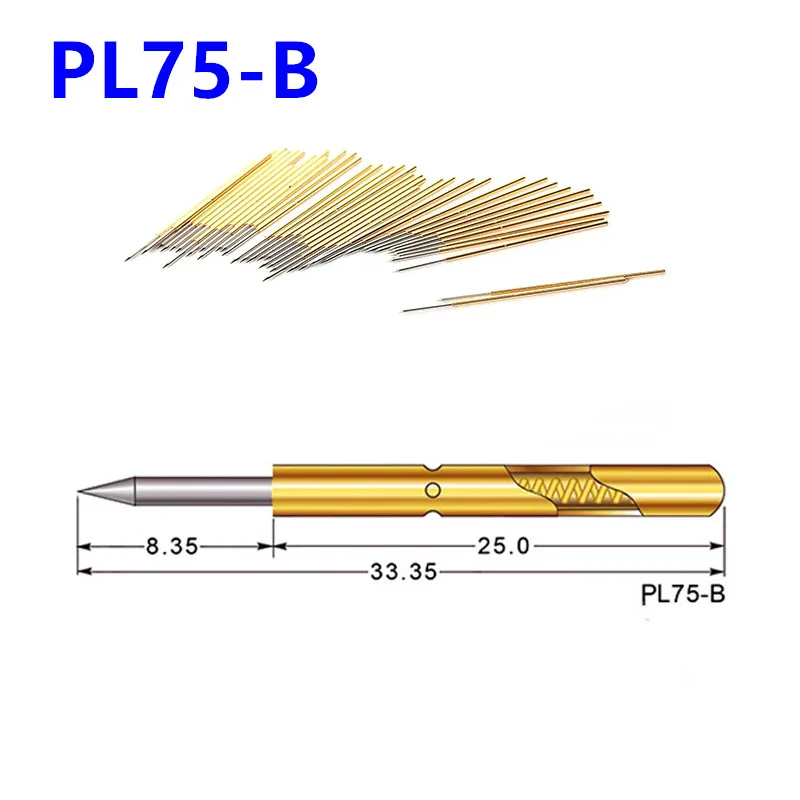 100PCS Spring Test Pin PL75-B Pointed Needle Tube Outer Diameter 1.02mm Needle Length 33.35mm For ICT Probe