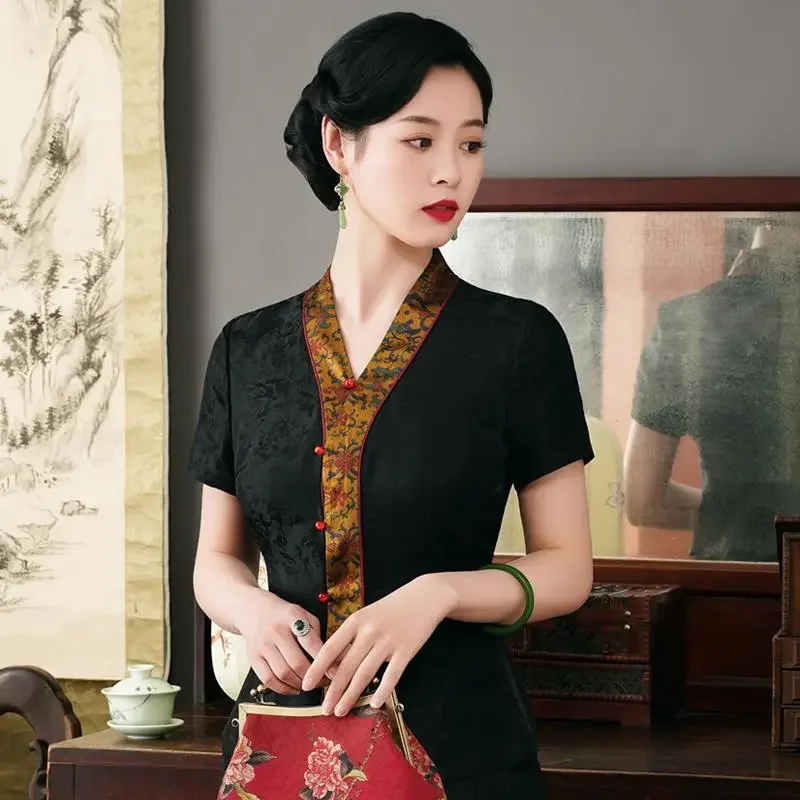 Chinese Style Women Summer Imitation Xiangyunsha Qipao Top V Neck Short Sleeve Improved Cardigan Slim Retro Tang Suit S-XXL view 4
