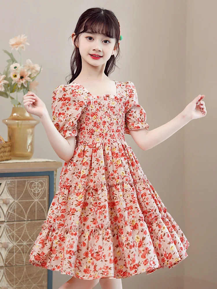

2025Girls' Summer Korean Style Thin Short Sleeve Casual Chiffon Fashionable Floral Dress