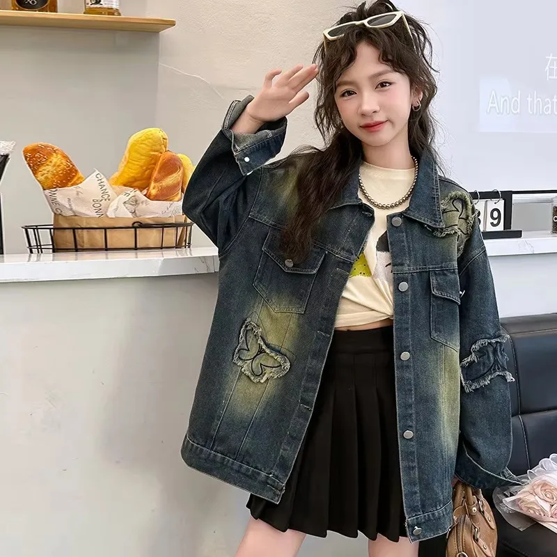 Korean Style Children Denim Jacket With Butterfly for Girl Long Sleeve Button Coat Outfit Kids Casual New Spring Clothing 5-14T