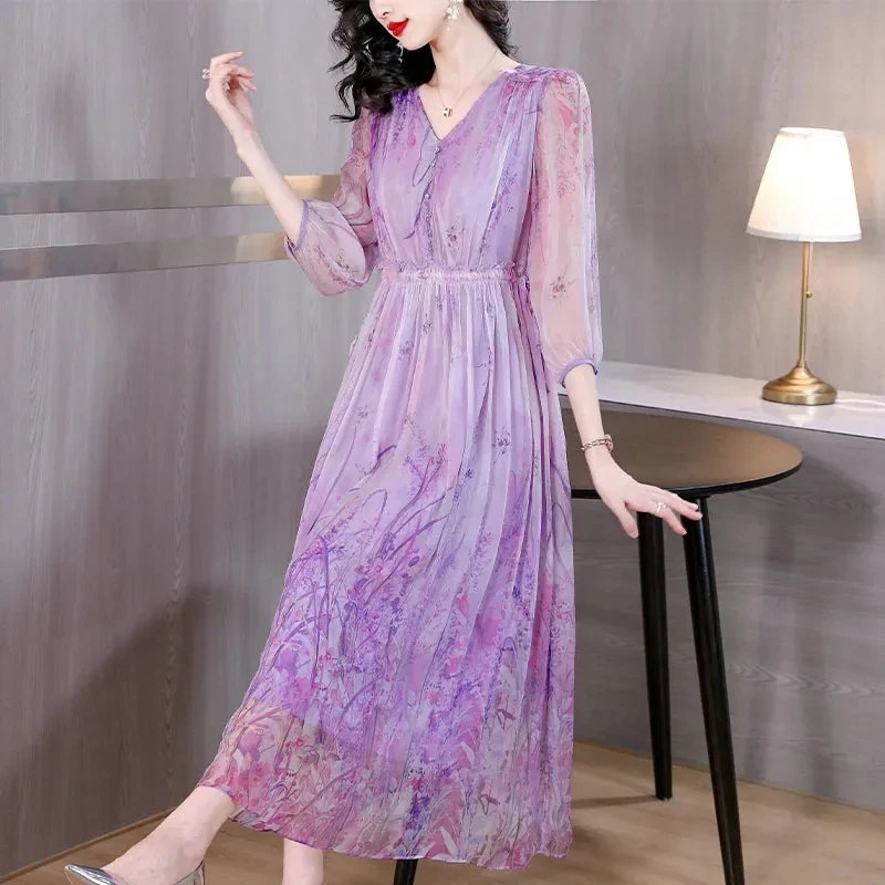 Summer Floral Silk V-Neck Long Party Dress Women Elegant Casual Beach Dress 2024 New Korean Fashion Chic Holiday Evening Dress