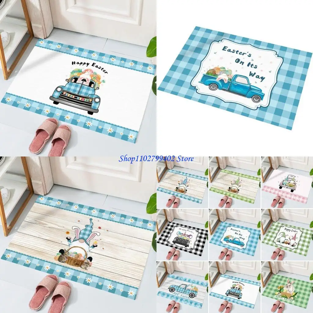 

547F Happy Easter Door Mat Truck Gnomes Pattern Non Slip Entrance Plaid Floor Carpet Water Absorption Bath Rugs Indoor Outdoor