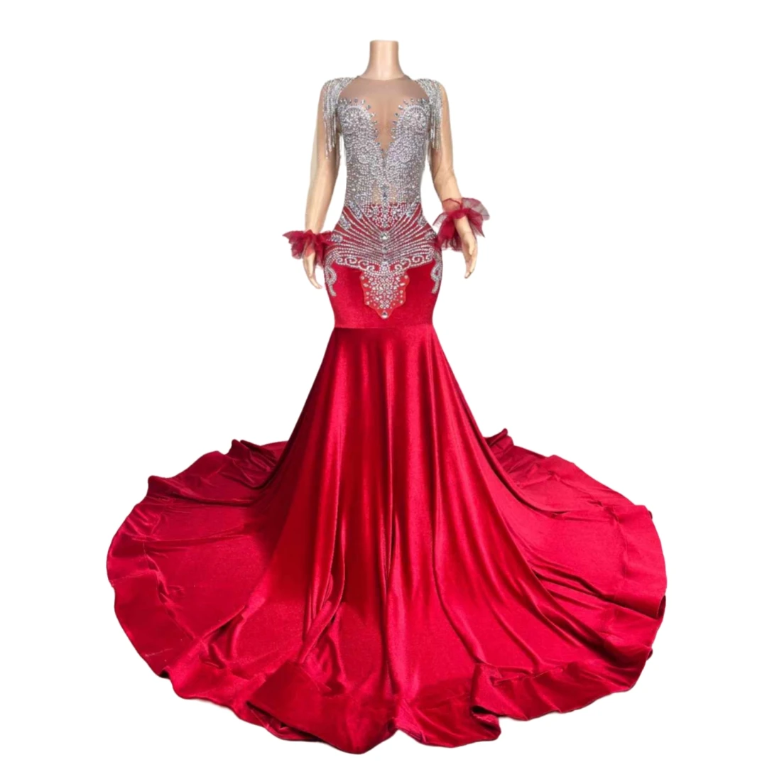 

Luxury Mesh Sheer Rhinestone Floor Length Long Dress Mermaid Wine Red Stage Wear Women Birthday Wedding Queen Dressy Prom Outfit