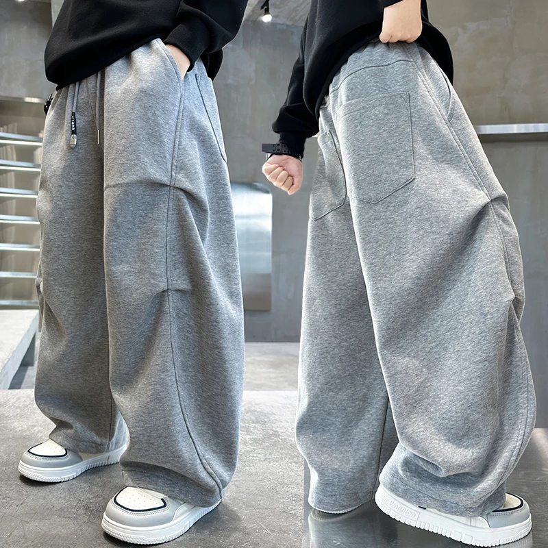 

Spring Autumn Casual Children Sports Pants for Boy Loose Straight Cotton Knitted Trousers Kids Classic Design Grey Sweatpants