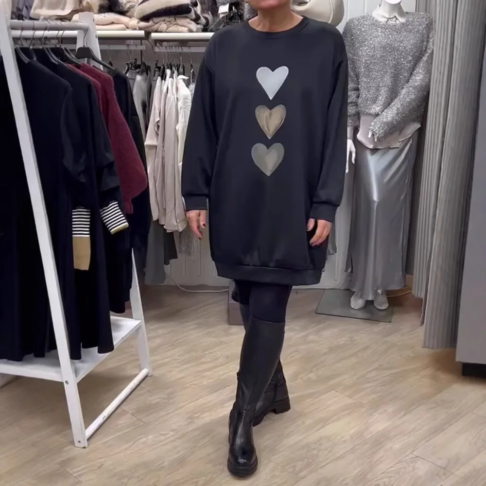 

Женские платья Толстовки с длинными рукавами Платье с круглым вырезом Прямые толстовки Платье Повседневное легкоэластичное платье с карманами с принтом Свободные сращенные