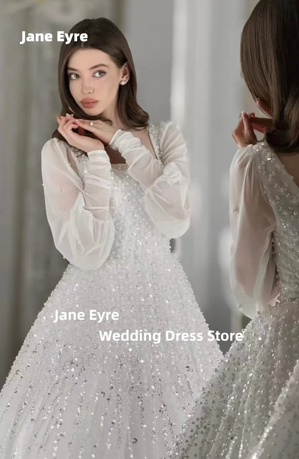 Jane Eyre-Vestido De Novia De lujo personalizado, Vestido De encaje con cuentas y princesa, Vestido De baile con cuello cuadrado, Vestido De Novia De manga larga