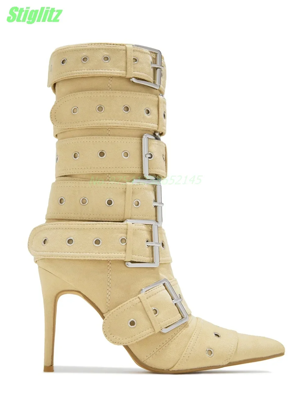 Belt Buckle Sexy Boots Punk Metal Decoration Pointed Toe Thin High Heel Yellowish Black Women\'s Boots Canvas Spring Daily Shoes