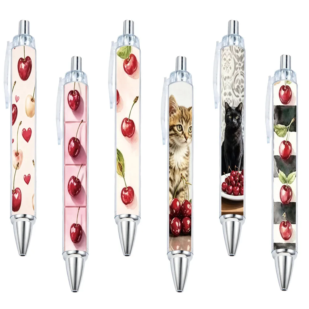 6pcs Watercolor Cherry Cat Themed Click Pen for School Supply Season Student Writing Pens Gift Pens with Random Designs