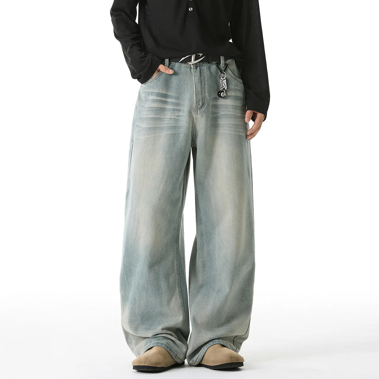 Retro Washed Three-dimensional Jeans for Men in Autumn High Street American Fashion Brand, Loose Texture Straight Leg Long Pants