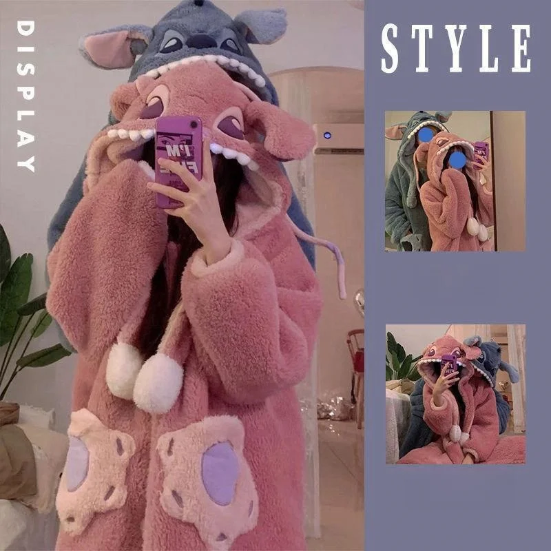 Disney Cute Image Stitch Angel Sweethearts Pajamas Pyjama Trousers Velvet Thickening Winter Keep Warm Household Bathrobe Coral