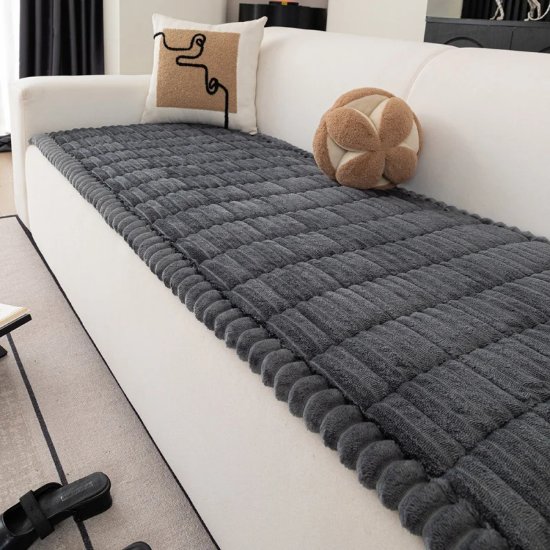 Nordic minimalist autumn and winter plush solid color striped thickened flannel non-slip non-stick sofa cushion seat