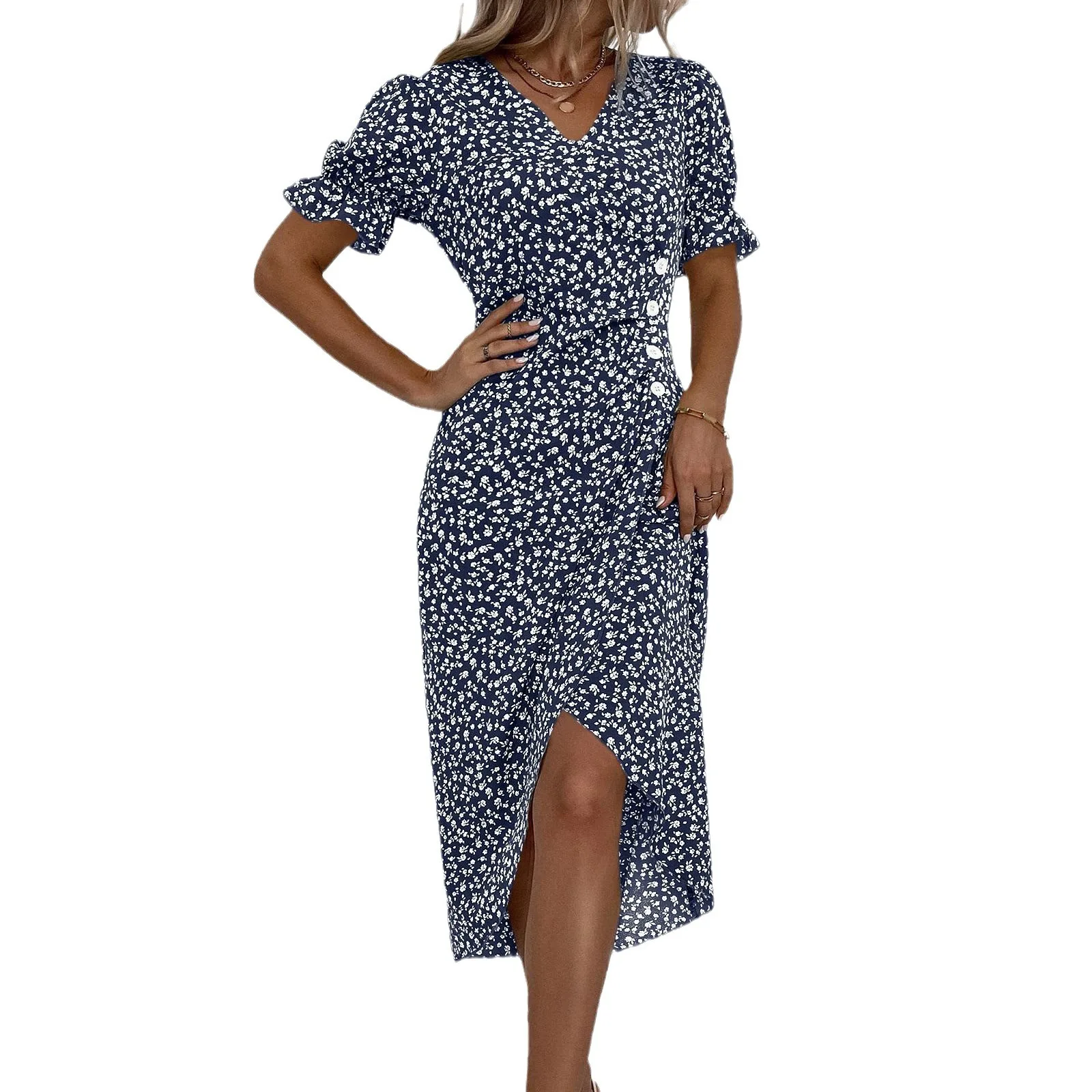 Ele Hoge Taille Onregelmatige Zoom Bubble Sve V Ne Gedrukt Midi Dr voor Dames Zomer Verdikte Polyester Gebreide Dr