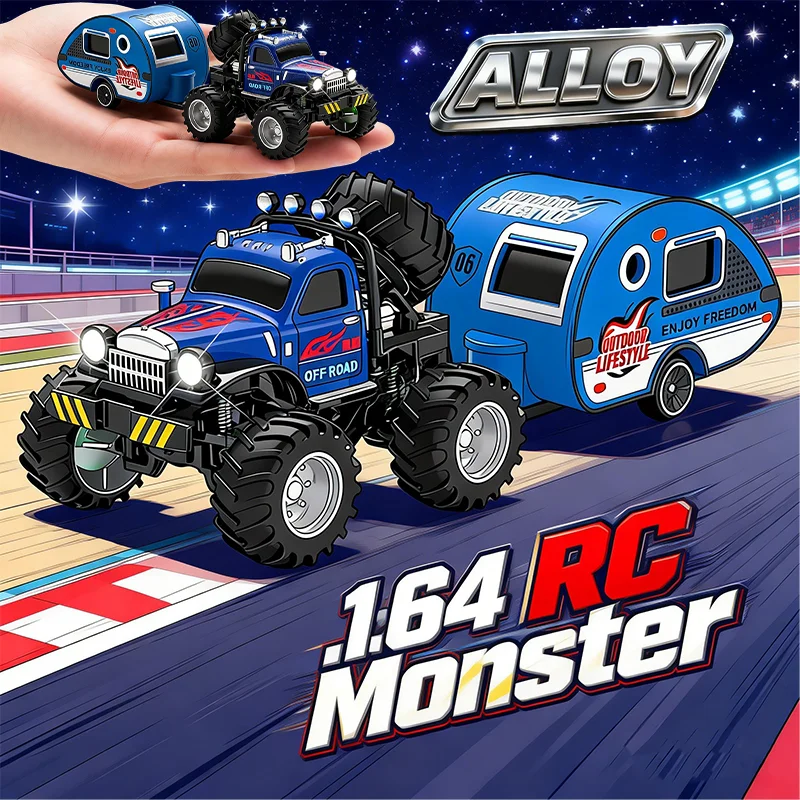 

Mini RC Monster Truck 1/64 Scale with Trailer Sturdy Alloy Shell Remote Control 24GHz App Control Kids Toys Off-Road Adventure