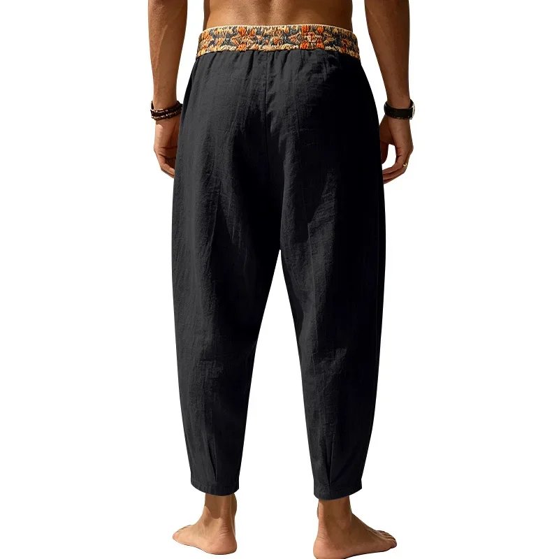 Herren 95% Leinen Haremshose Boho Blumenmuster Kordelzug Taille Lässige Weite Hose Strand Urlaub Knöchellange Hose – Detail 26
