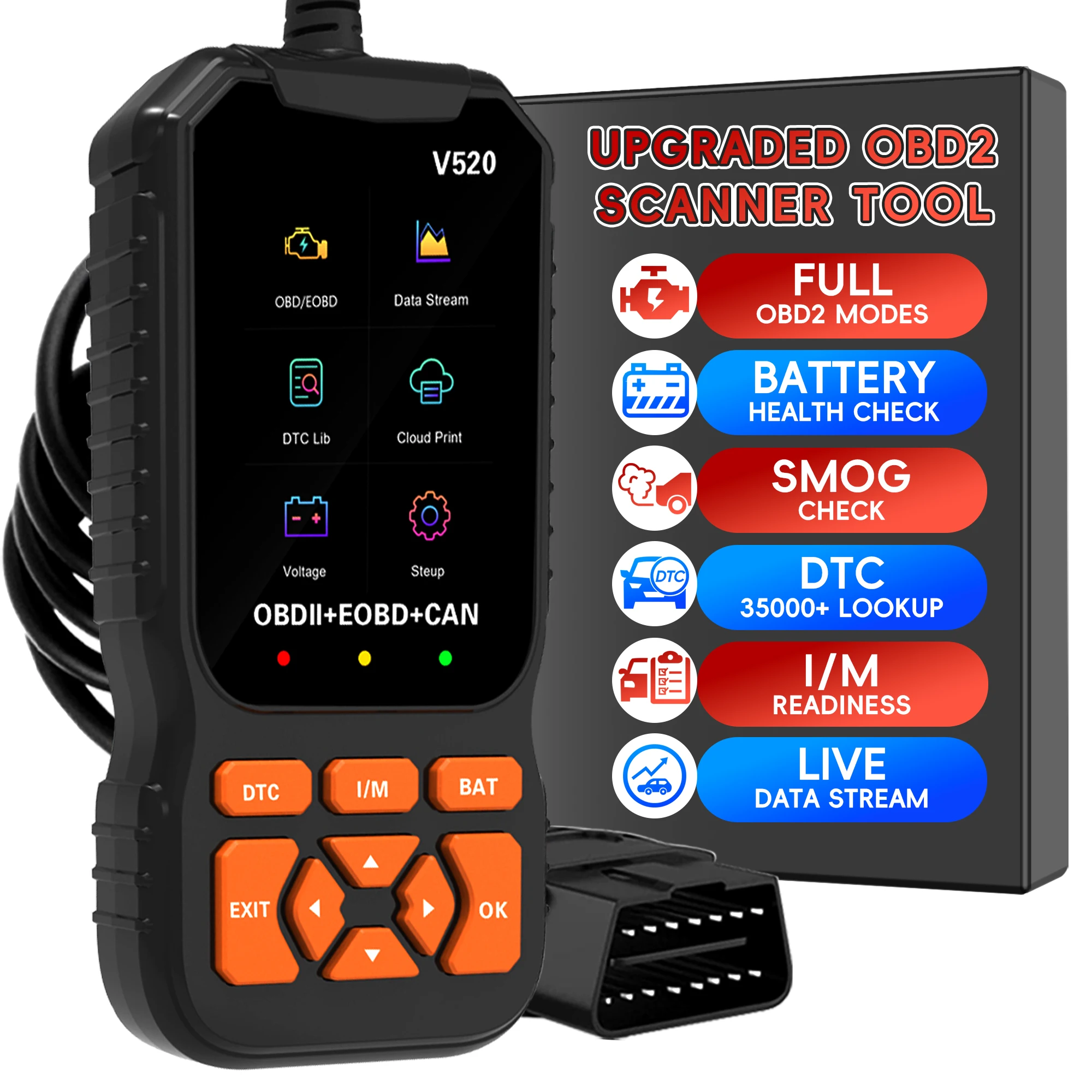 OBD2 Scanner Diagnostic Tool, Check Engine Code Reader OBD2 Scanner with Reset， Mode 6, Mode 8 & I/M Readiness