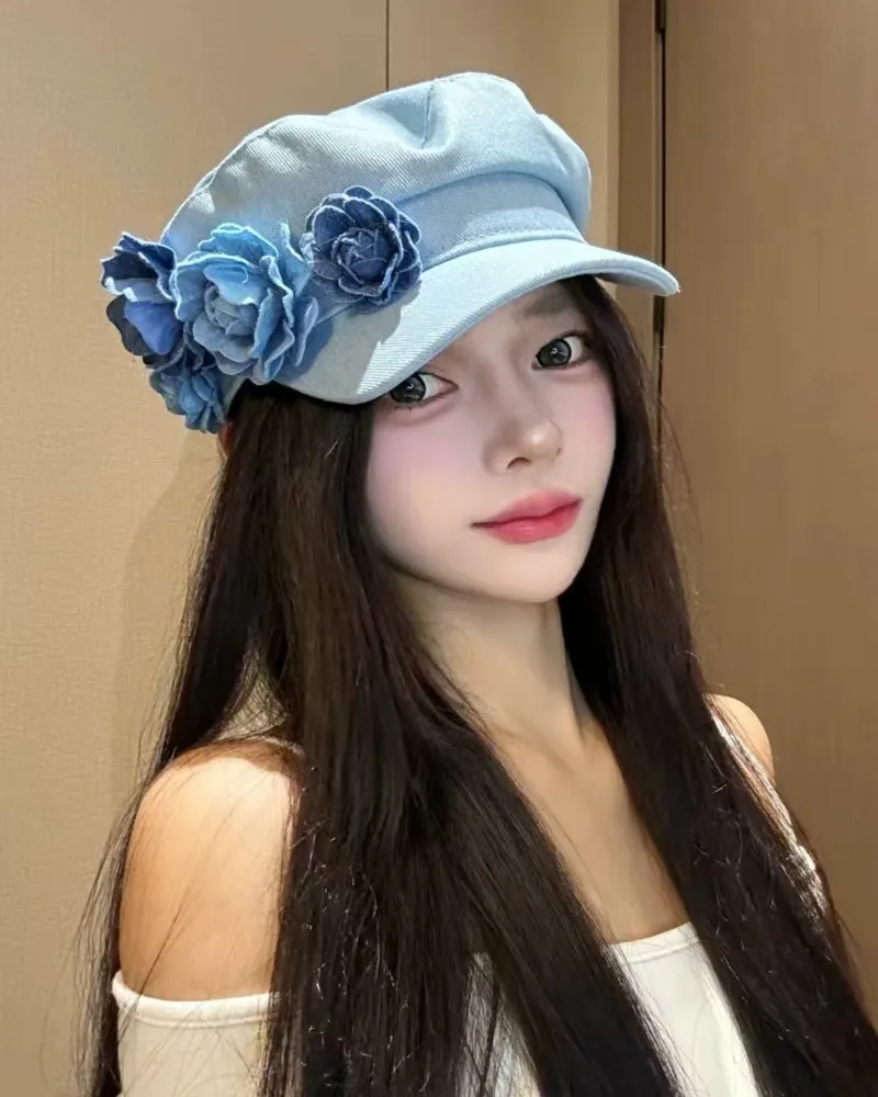 

Новая ковбойская мода с большим цветком, элегантная и милая темно-синяя шляпа с плоским верхом, студенческая шляпа, маленькая шляпа с короной, маленькая солнцезащитная шляпа
