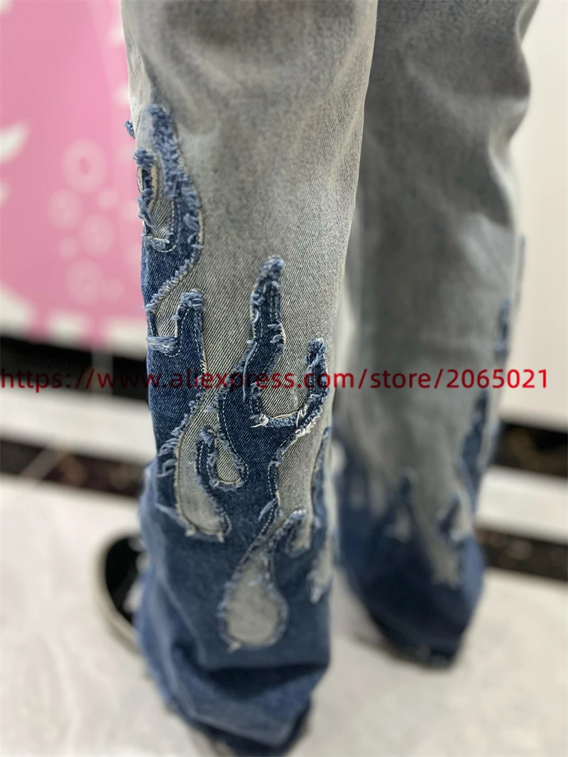 Patchwork Flame Tassels Jeans Men Women 1:1 Best Quality Loose Casual Washed Denim Pants