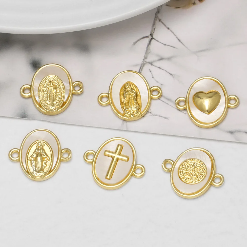 OCESRIO Gold Plated Copper Virgin Mary Cross Mother of Pearl Connector Links for Bracelets Jewelry Making Supplies chma626