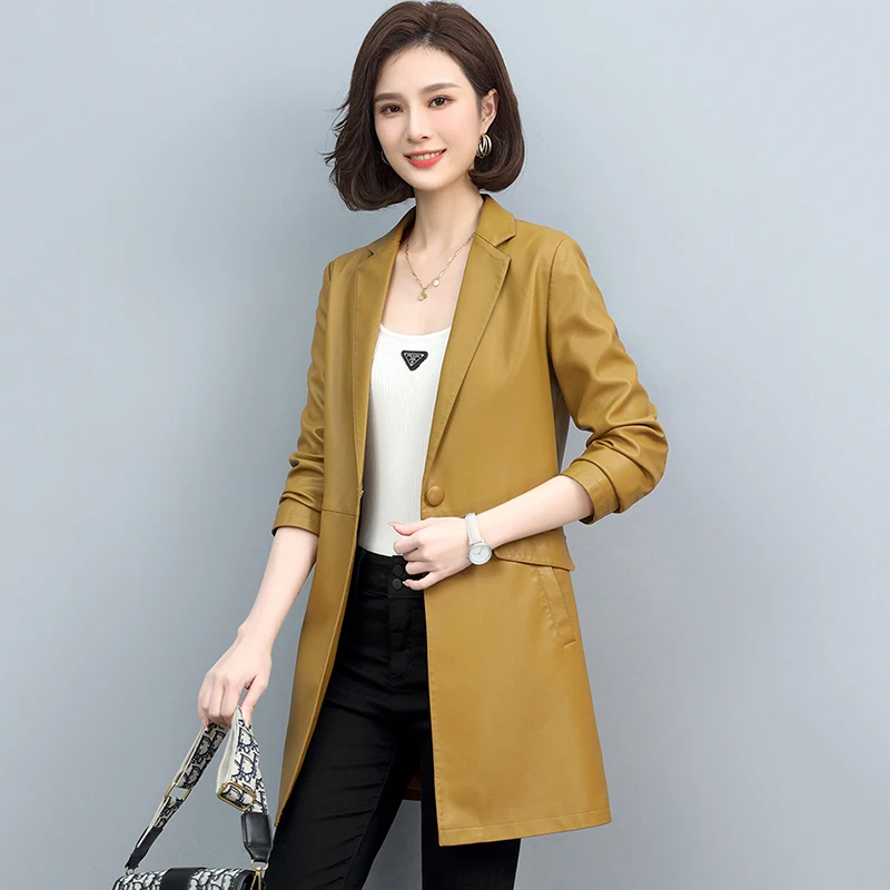 

New Women Chic Office Lady One Button Leather Blazer Spring Autumn 2024 Fashion Notched Collar Long Sleeve Ladies Sheepskin Coat