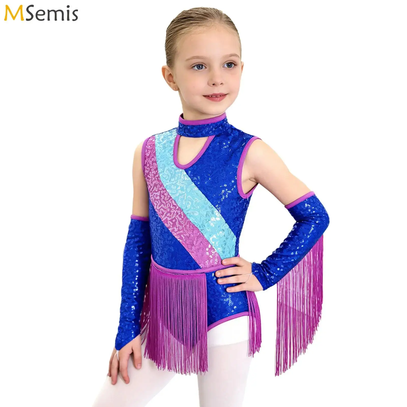 

Kids Girls Gymnastics Skating Performance Costume Latin Jazz Dance Outfit Tassel Sequin Leotard with Finger Holes Fringed Gloves