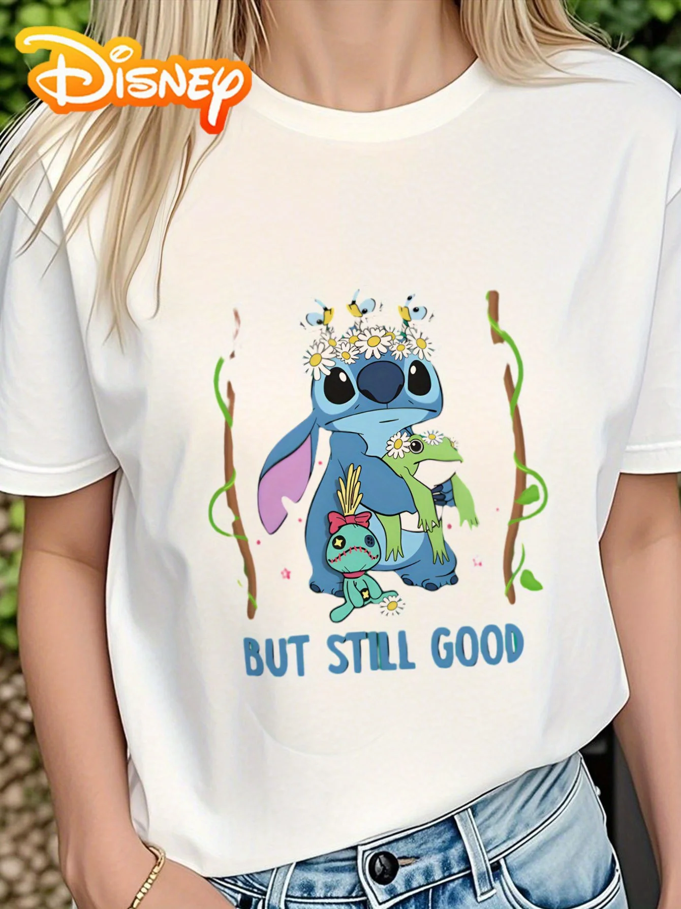 Disney Stitch Frogs Flowers T-Shirt – reines, lässiges Kurzarm-T-Shirt, lebendiges Cartoon-Design, perfekt für den täglichen Gebrauch und den Street-Style