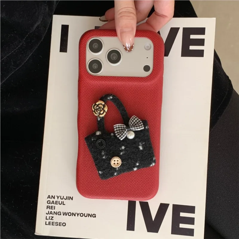 

Retro Luxury Fashion Tweed Bow Bag Decor Phone Case For iPhone 14-17 Pro Max 14Pro 15Pro 16Pro 17Pro Max Shockproof Cover-