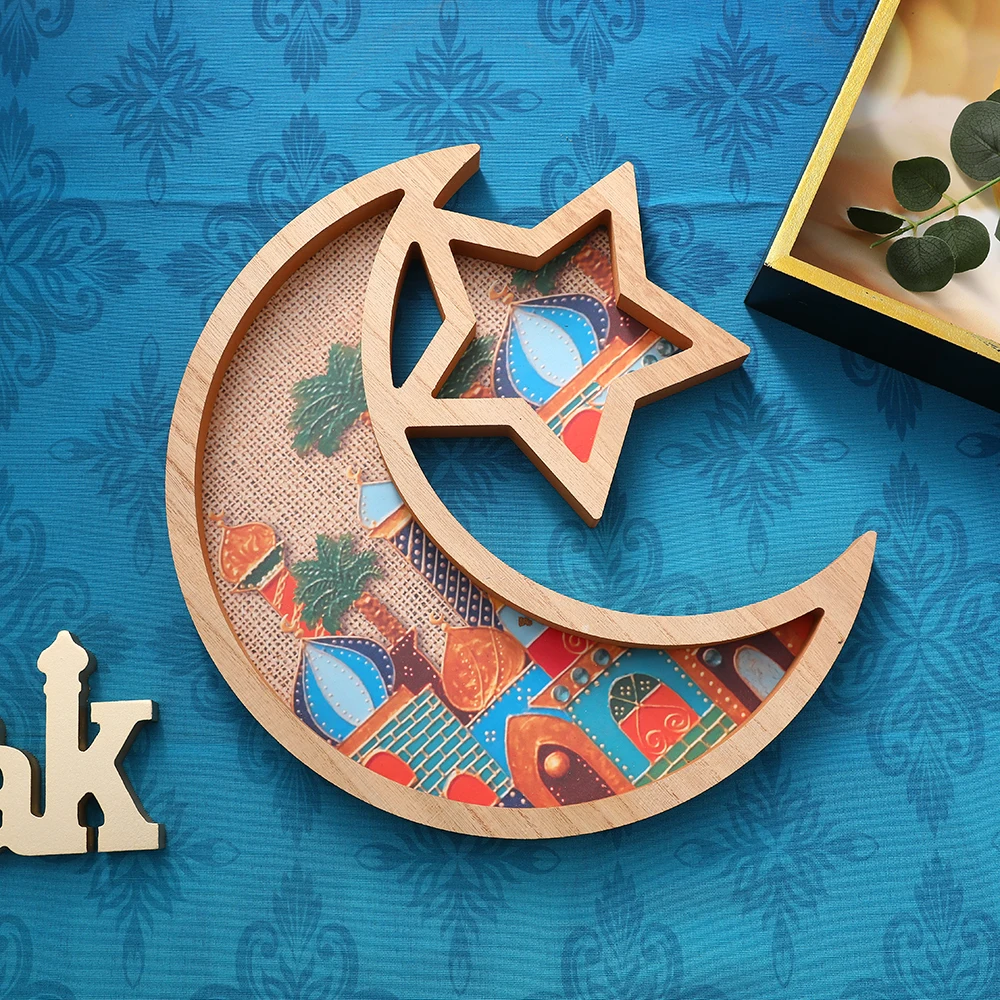 

Eid Mubarak Wooden Tray Star Moon Leaf Food Holder for Home Islamic Muslim Party Decor Mubarak Ramadan Kareem Gift Eid Al Adha