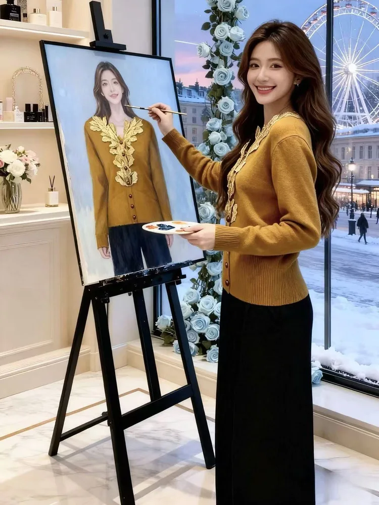 

Qingdao Bead Woolen Sweater Women's Loose Vintage Embroidery Lazy Sle Knitted Cardigan Long Sve V-ne Button Closure