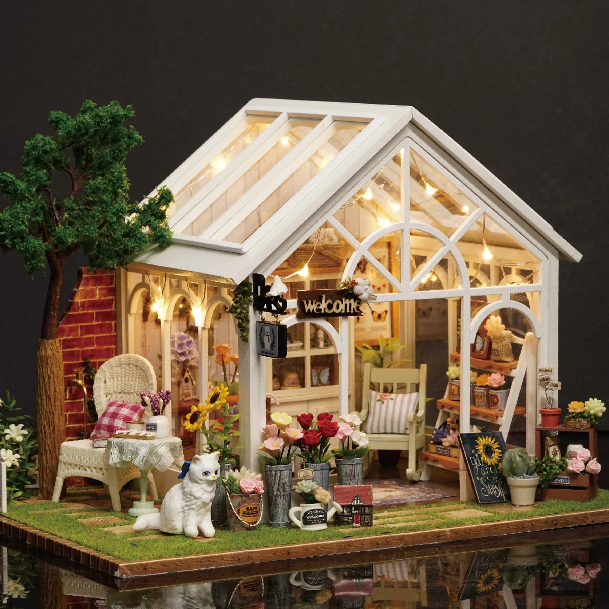 DIY Holz Sunshine Greenhouse Cottage Miniaturbausätze Puppenhäuser mit Möbeln Casa Puppenhäuser für Freunde Geschenke