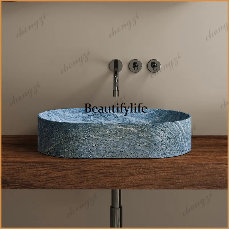 

P37 medieval wind wabi sandy wind natural blue hole stone platform basin hand basin household outdoor courtyard small apartment