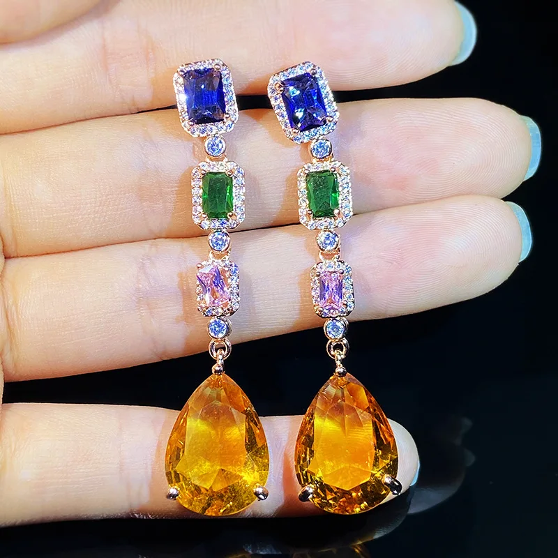 925 silver exquisite fantasy color gemstone tassel earrings retro high-definition water drop fashion dinner temperament earrings