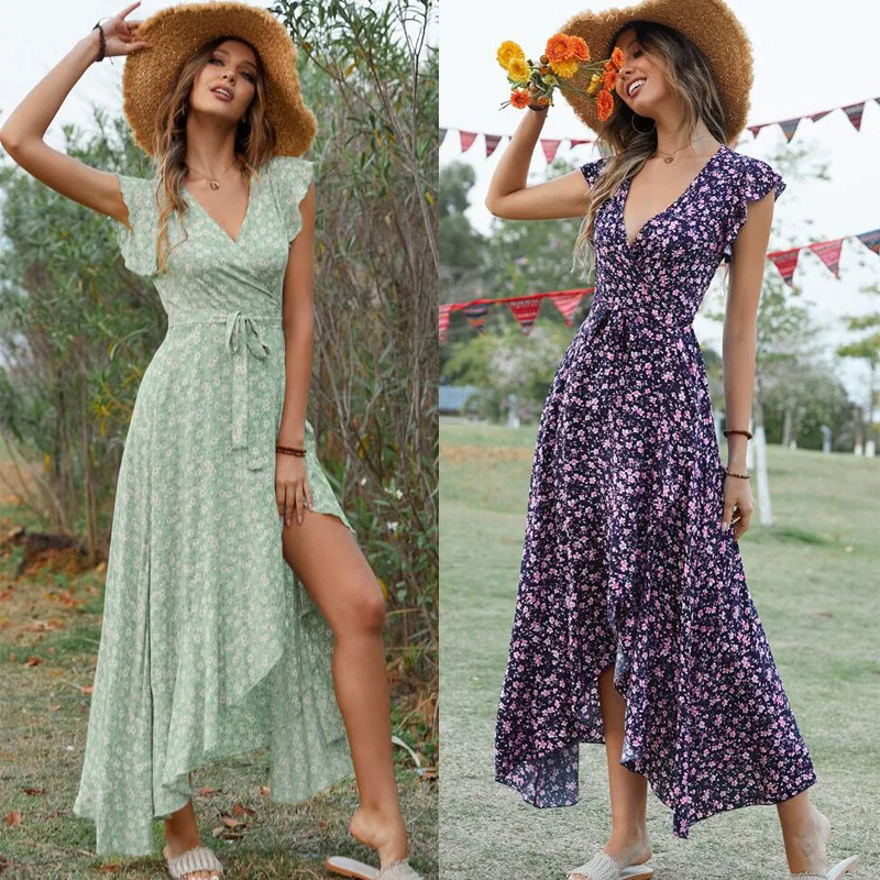 

A Summer Bohemian Beach Holiday Dress Printed V-Neck Strap Slim-Fit Asymmetrical Women Clothes