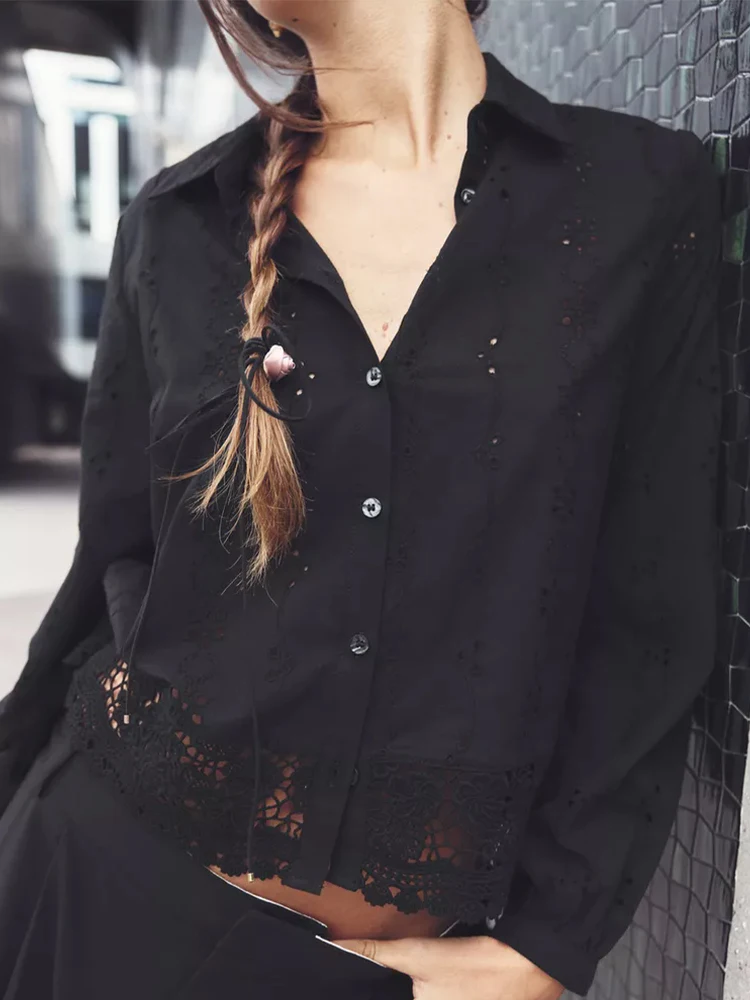 

Европейский и американский стиль, весенние новинки, женская свободная универсальная рубашка с длинными рукавами и лацканами с полой вышивкой