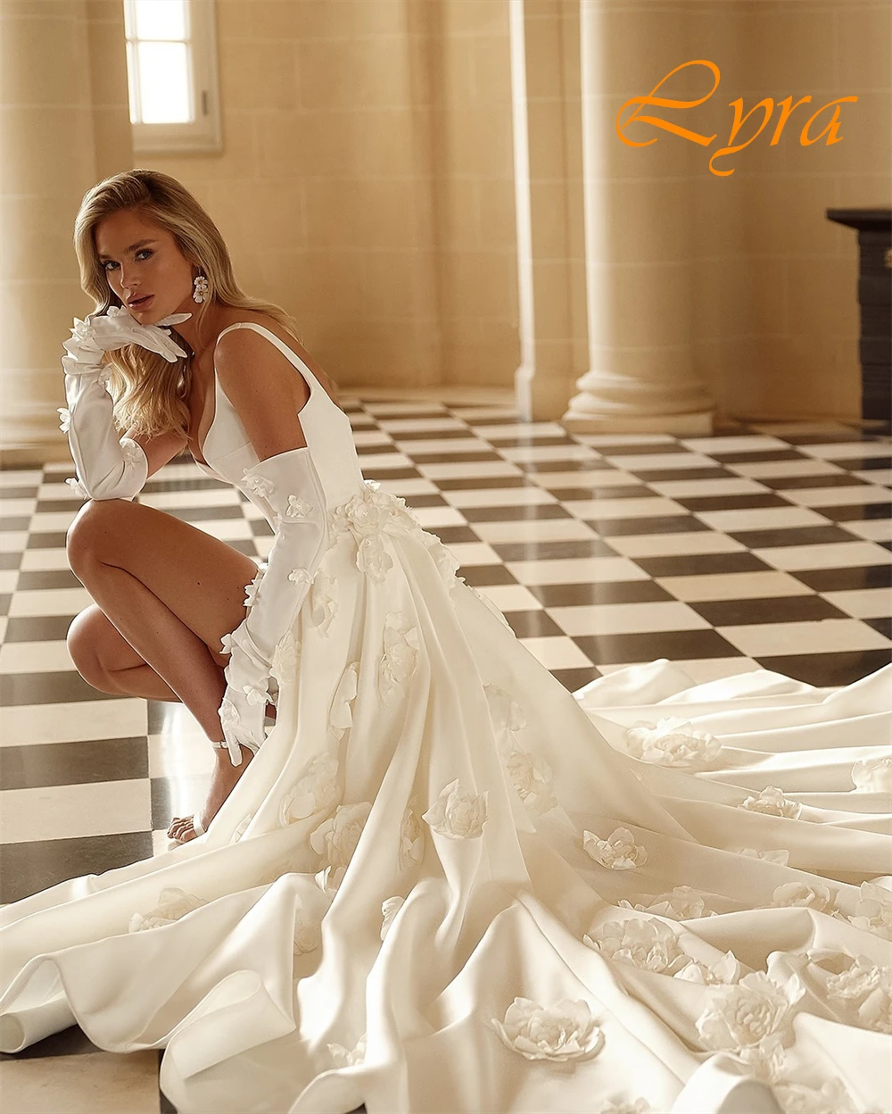 Customized Sexy V-Neck Satin Evening Dress Exquisite Flowers Chapel Train Wedding Dresses High Quality Special Occasion Gowns