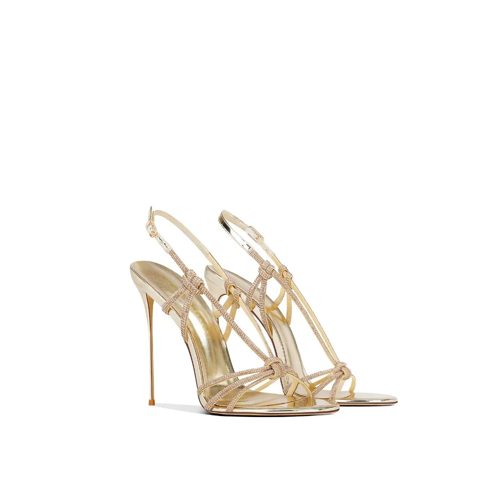 

Fashion Sandals Women Light Gold Strappy Stiletto Heels Rhinestone Summer 2025 Office Lady
