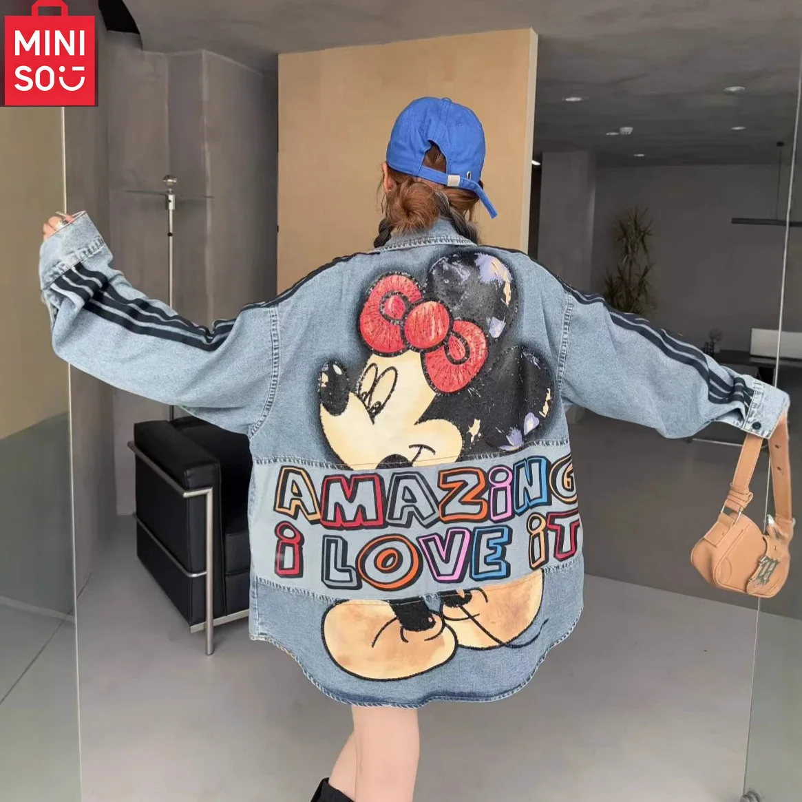 

MINISO denim jacket Disney fashion retro print lapel women's long sleeved jacket casual loose top women's clothing