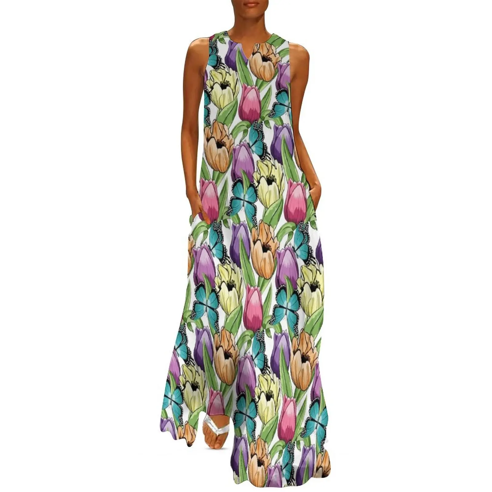 

Tulips And Butterflies Pattern Long Dress Long dresses summer dress korean women