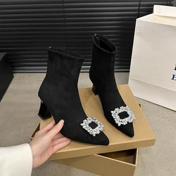 Women's Fashion Thick Heel Cotton Boots Winter New Pointed Suede Crystal Buckle Back Zipper Anti-slip Wear-resistant Short Boots