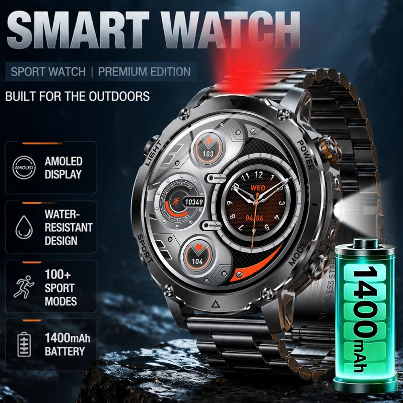 New Outdoor Flashlight Sports Smart Watch 1400mAh Battery 1.7" AMOLED Smartwatch Waterproof Bluetooth Call Military Watches Men