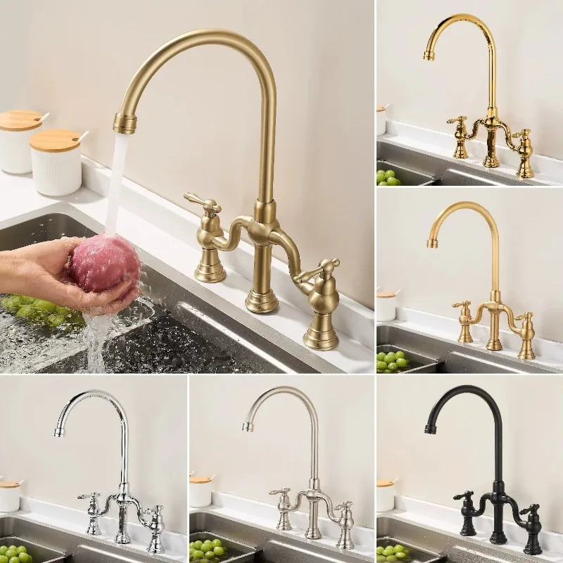 All-copper European retro faucet kitchen spray gun, split hot and cold faucet, household bridge three-hole
