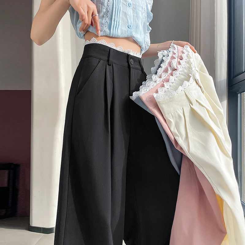 

2025 Spring Summer New Lace Patchwork Casual Pants for Women Solid Korean Stylish High Waist Wide Leg Suit Trousers Female