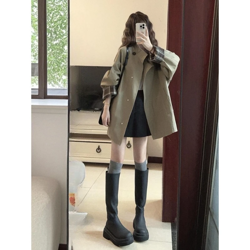 

Женский плащ, осенний плащ цвета хаки, клетчатый плащ с накладными рукавами, элегантное женское пальто средней длины