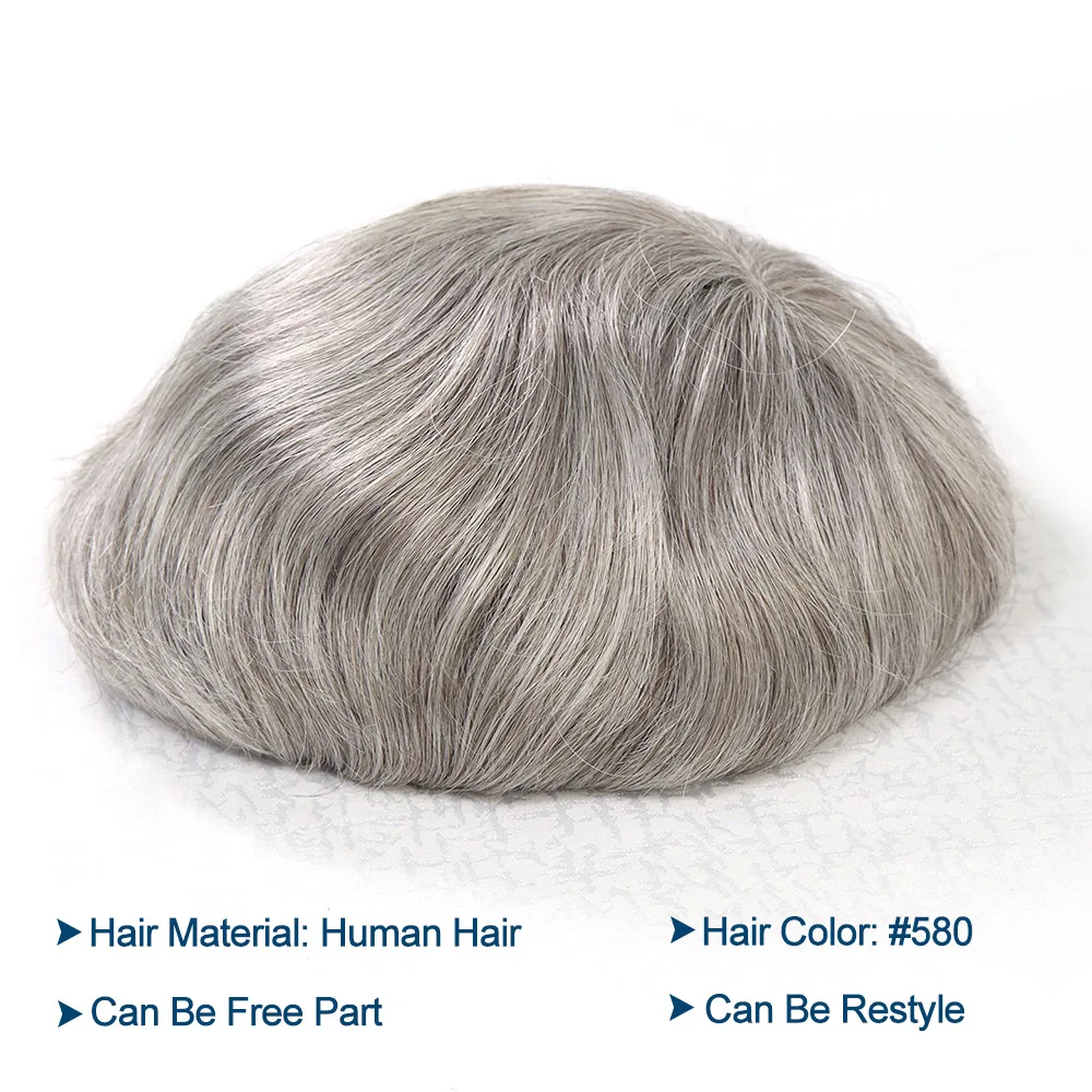 # 580 مونو توب PU حول الرجال الشعر المستعار شعر الإنسان الاصطناعية شعر مستعار الذكور هيربيسي فضي رمادي بولي نظام الشعر للرجل 8x10 بوصة #4