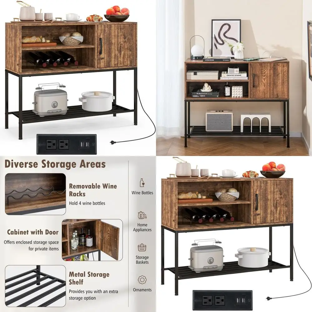 

Шкаф для кофе-бара из коричневого и черного дерева в деревенском стиле с розетками, USB-портами, полкой для вина на 4 бутылки и полками для кухни или жизни