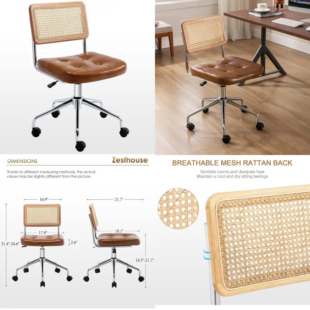 

Mid Century Armless Swivel Desk Chair with Rattan Back, Adjustable Height and Upholstered Faux Leather Seat
