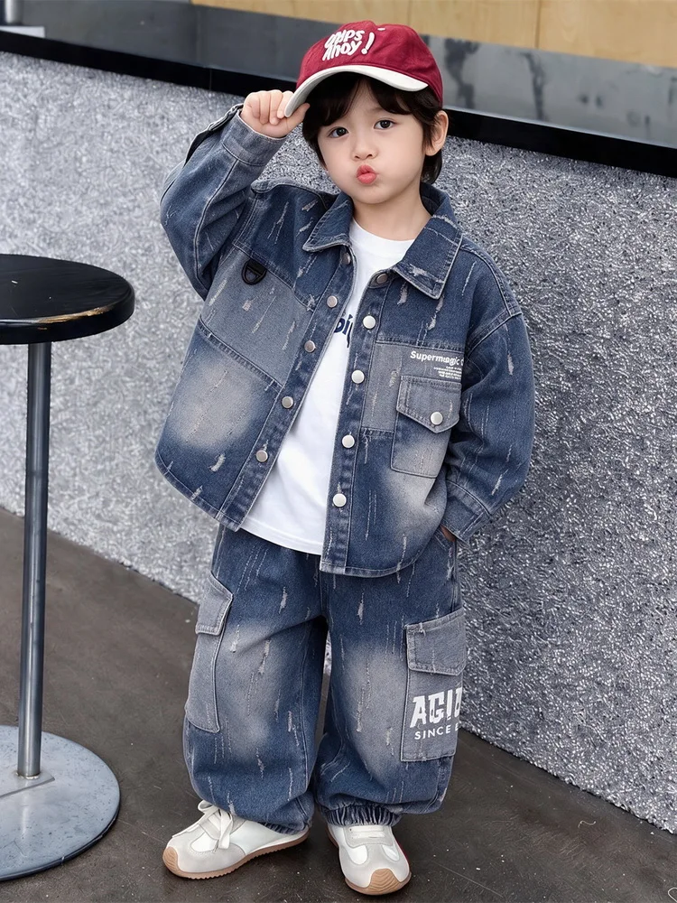 New Spring Autumn Hot Sale Kids Boys Tear Denim Coat and Jeans 2PCS Set 2-11 Years Fashion Patchwork Children Outfit