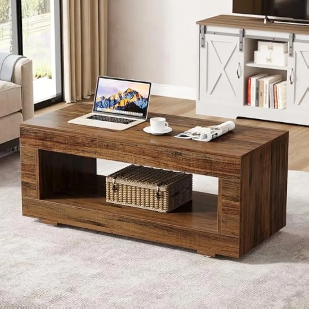 Wood Coffee Table for Living Room, 43.3" Modern Farmhouse Coffee Table with Storage, 2-Tier Rectangular Center Table Cocktail L
