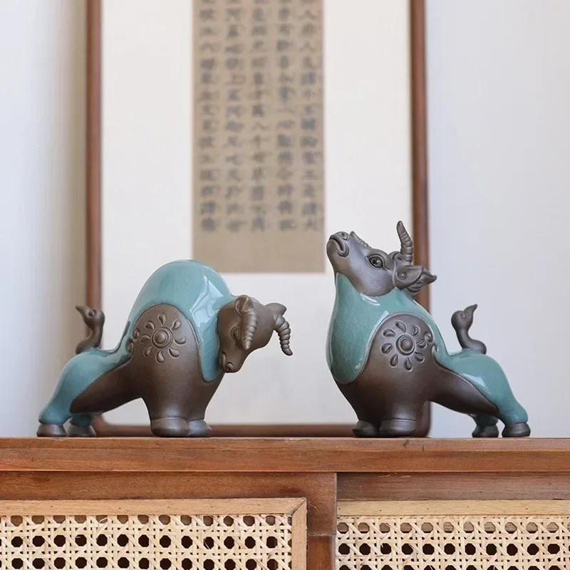 Fighting Bull Ornaments Vintage Traditional Ge Kiln Handicraft Auspicious Decor Accessories Artwork Gift Household Collection