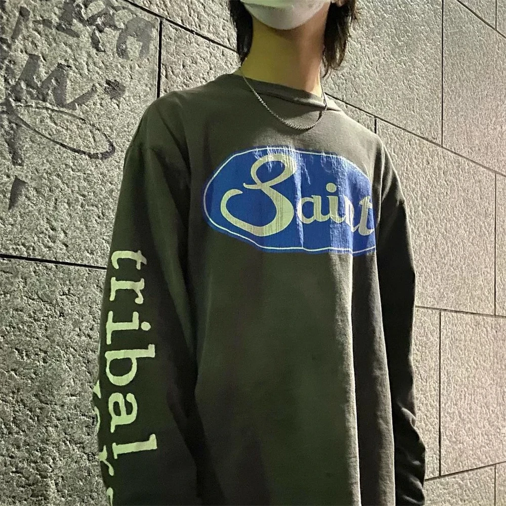 SAINT High Quality Letter Printed Vintage Round Neck Fleece Hoodie High Street Casual Loose Cotton Japanese Hip Hop Rock Street