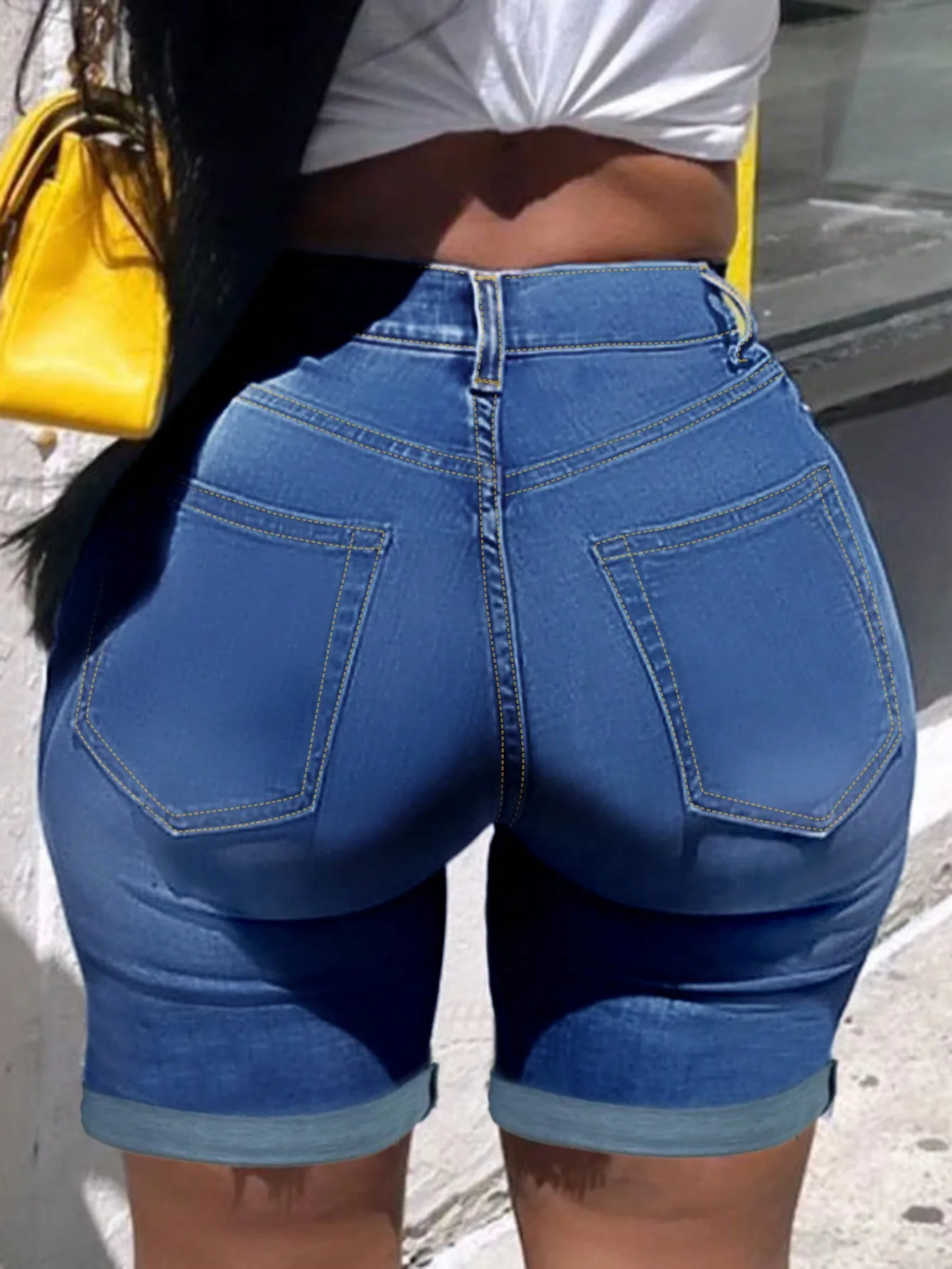 Women's High - Waisted Cuffed Denim Bermuda Shorts, 2025 Trendy Streetwear Style, Cotton Denim, Button - Front, Mid - Thigh Leng